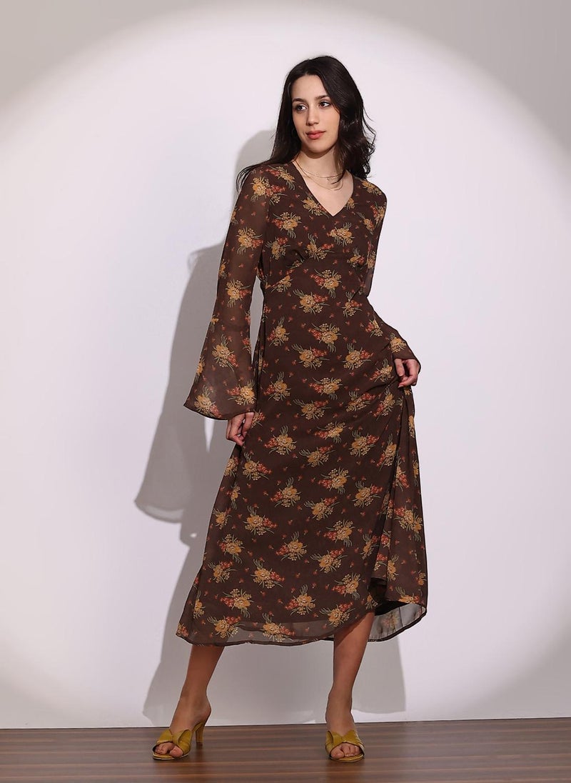 Globus Women Brown V-Neck Bell Sleeves Floral Print Georgette Midi A-Line Dress - Image 1